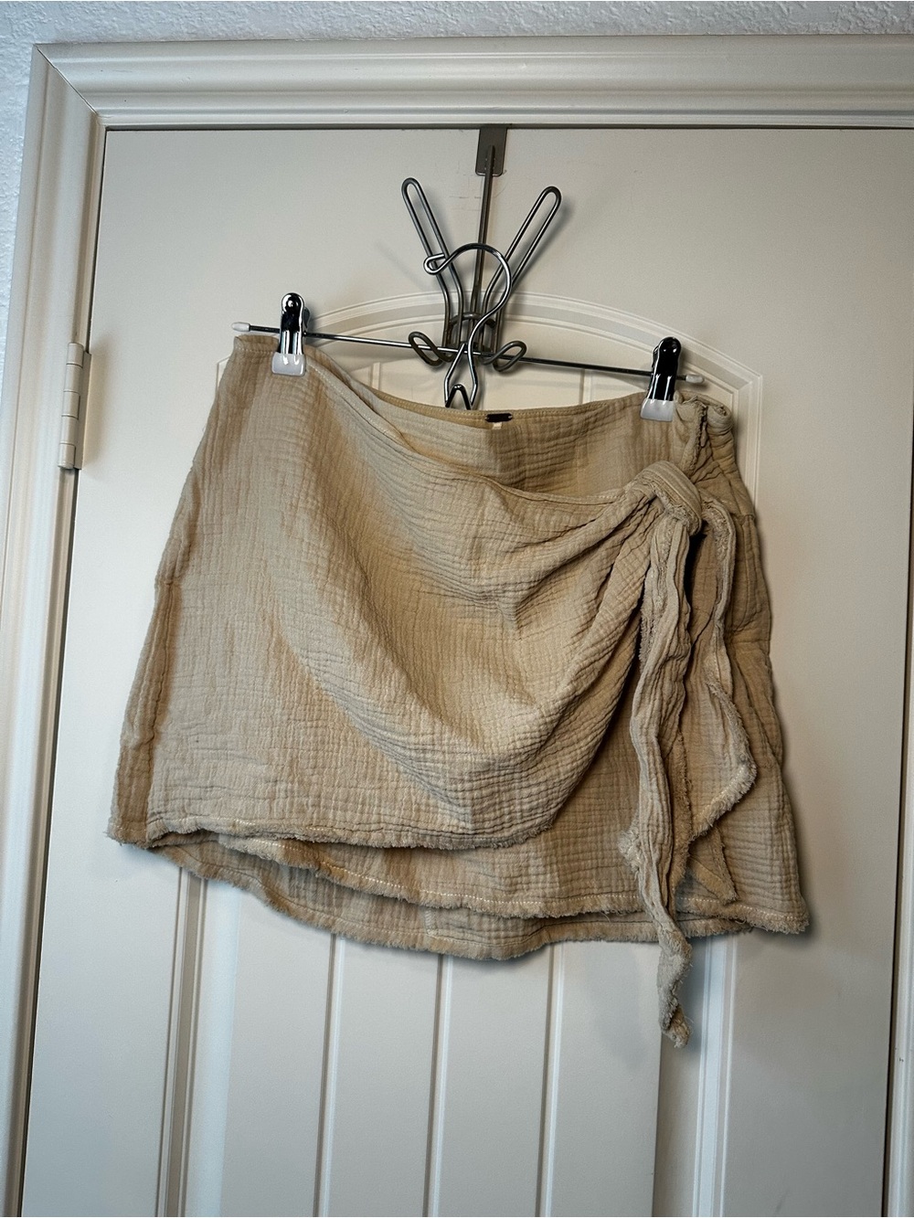 Free People Cream Tan Beige Wrap Mini Skirt with Side Knot 100% Cotton size M